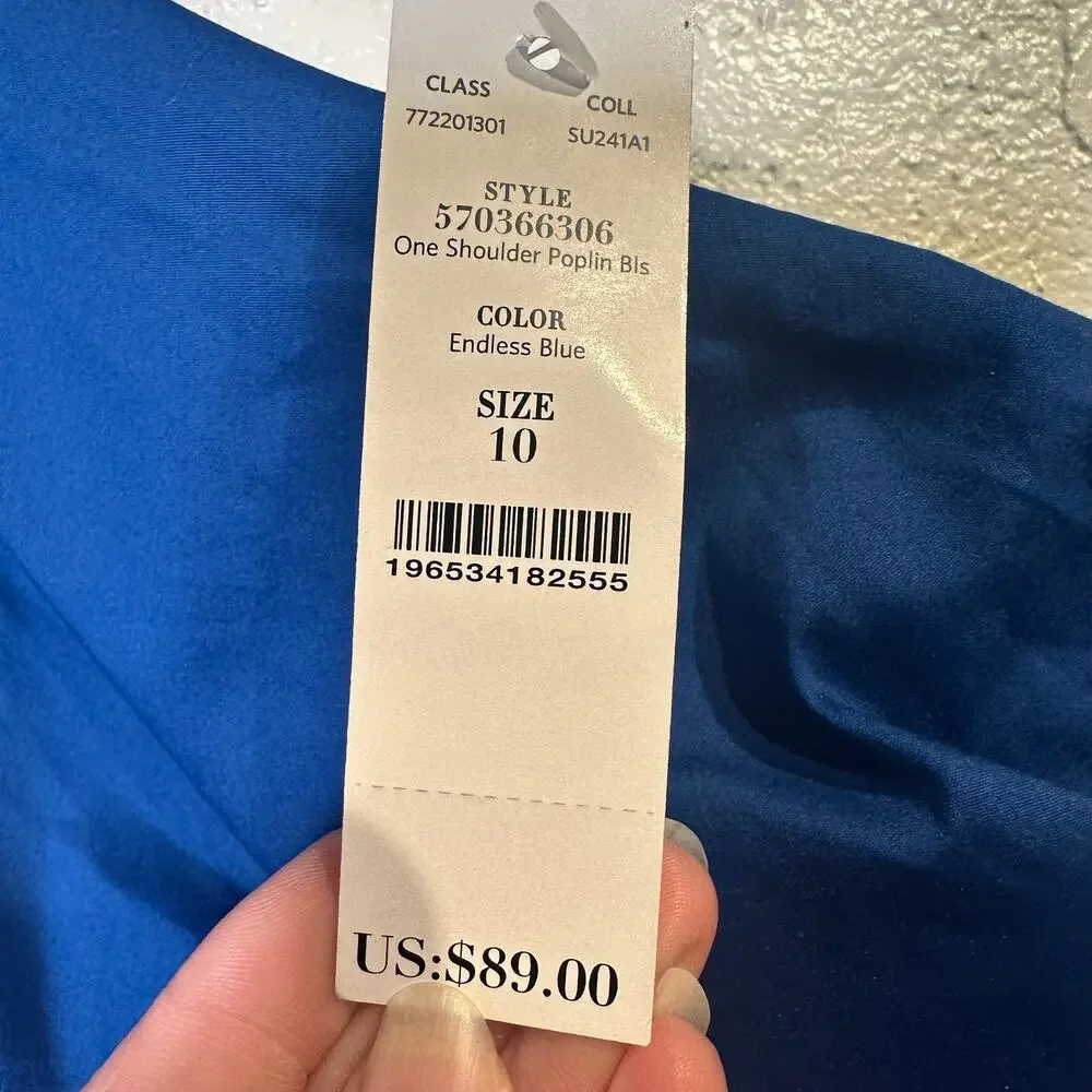 NWT WHBM Size 10 Blouse Asymmetrical Bow Royal Blue Side Ruching Puff Sleeve8